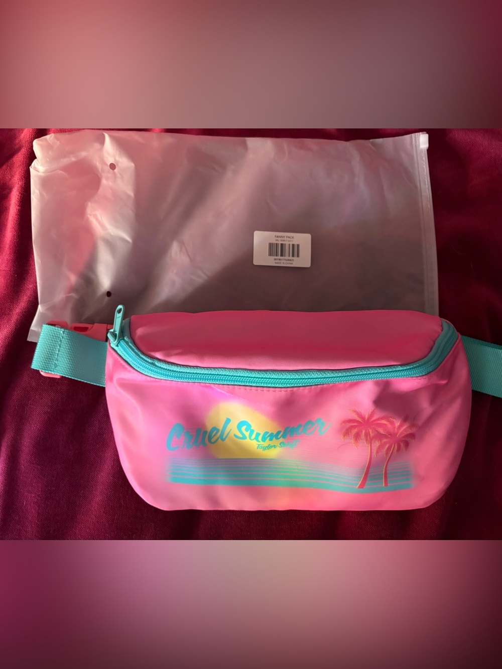 Taylor Swift Pink Cruel Summer Belt Bag Fanny Pack with Teal Interior